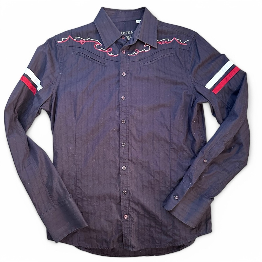 Diesel Royal Rock Blue White Red Embroidered Long Sleeve 100% Cotton Shirt sz M